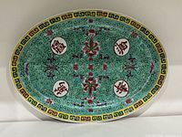 Top view of turquoise Mun Shou oval platter