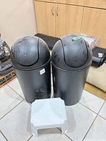 Front view of two black Rubbermaid swing-top trash cans and white step stool