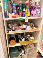 Shelf with cleaning products, trays of hand tools and adhesives