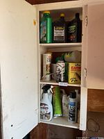 Full view of cabinet with three shelves of assorted chemical containers