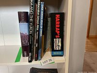 Shelf with six assorted reference books showing visible titles and spines