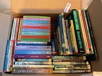 Overall view of box filled with assorted children’s books showing quantity and titles