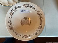 Top view of Crown Devon marriage bowl showing full text and central anniversary list