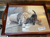 Top view of wooden lap tray with puppy scene