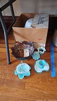 Group of glass items including carnival bowl, aqua opaline pieces and boxed punch set