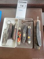 Group view of all eight folding knives/razor laid in trays