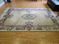 Full view of rectangular beige/cream floral rug with fringe on ends