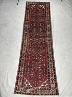 Full view of entire Hamedan runner rug showing pattern and borders