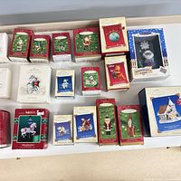 All 19 Hallmark ornament boxes arranged on counter