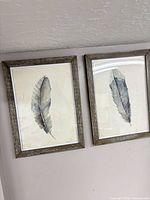 Both framed feather watercolor artworks mounted on wall