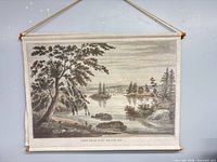 Full view of "View Near Fort Miller 1820" textile hanging on dowels with rope
