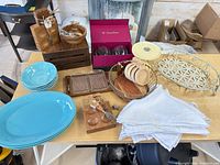 Overall lot showing platters, bowls, tapas set, glasses, basket, riser, napkins