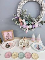Entire lot including wreath, plates, print, trees, vase, ornaments