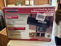 Front of box showing full image and specifications of ThermoHeat RMC-FA50L heater