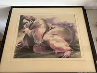 Framed pastel drawing showing full image and mat