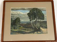 Full view of framed painting showing mat and wooden frame