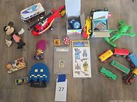 Overall view of all toys and stamp