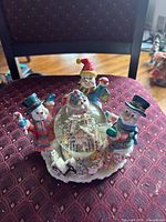 Front view of snow globe showing snowmen figures and gingerbread house inside globe