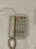 Front view showing handset, keypad and feature buttons