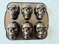 Top view of Nordic Ware pan showing six raised skull cavities