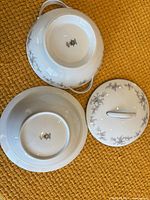 Bottom marks and overall view of bowl, underplate, and lid