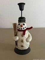 Front view of resin snowman candle holder showing metal candle cup, broom, scarf, base