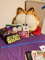 Overall lot showing Garfield pillow, books, Star Wars items