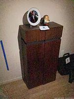 Front view of tall wood-veneered speakers with plate and doll on top