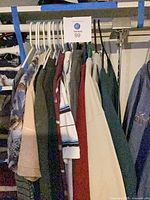 Front view of 10 assorted men's tops hanging on closet rod