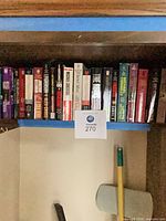 Shelf holding about two dozen mass-market paperback books