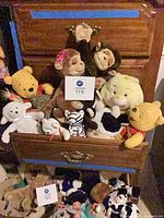 Drawer filled with multiple stuffed animals including Care Bear, monkeys, Pooh bears, dog, cow, zebra, and others