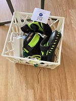 Crate with boxing pads, glove, goggles, pulley cord