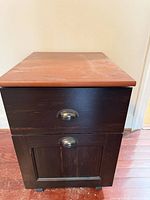 Front view of 2-drawer cabinet showing color contrast and handles