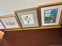 Front view of three framed prints with tape measure for scale
