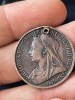 Obverse of 1898 penny showing Queen Victoria veiled bust with hole