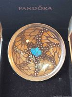 Top view of dish showing glass cover and butterfly wing mosaic