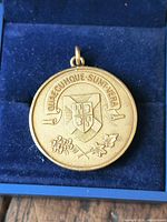 Front of Birks gold-plated medal pendant showing crest and motto