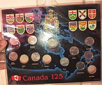 Front of coin board showing map graphic, coats of arms, installed coins and empty slots