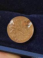 Reverse of thin 1954 Canadian cent showing weak maple leaf design and bent edge