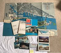 All items laid out including map, books, postcards, licence plate