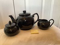 Front view of teapot, creamer and sugar bowl with lids in place