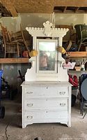 Full view of painted dresser with mirror and scalloped crown