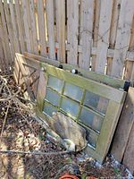 Door laid on ground showing divided glass panes, knobs, and weathered wood