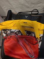 Stacked view showing red Aldo crossbody, yellow PVC tote with insert, black butterfly tote