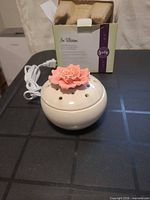 Assembled warmer with pink flower top, power cord coiled, box in background