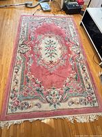 Full view of the rug showing color, pattern and fringe