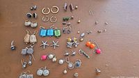 All earrings laid out showing variety of styles, materials and presence of both pairs and singles