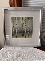 Front view of framed birch tree print in silver frame on quilted surface