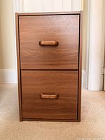front view of closed cabinet showing two drawers and handles
