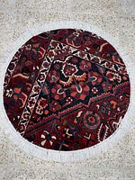 Full view of circular Bakhtiyar rug showing pattern and fringe